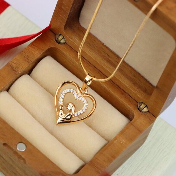 "Rose Gold Mother and Child Heart Pendant with Sparkling CZ Accents, XPPT1377 - Picture 2 of 13